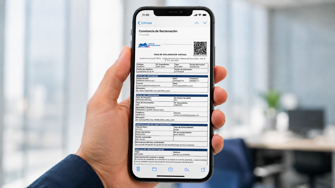 Constancia de reclamación con código QR del Libro de Reclamaciones virtual LRPE