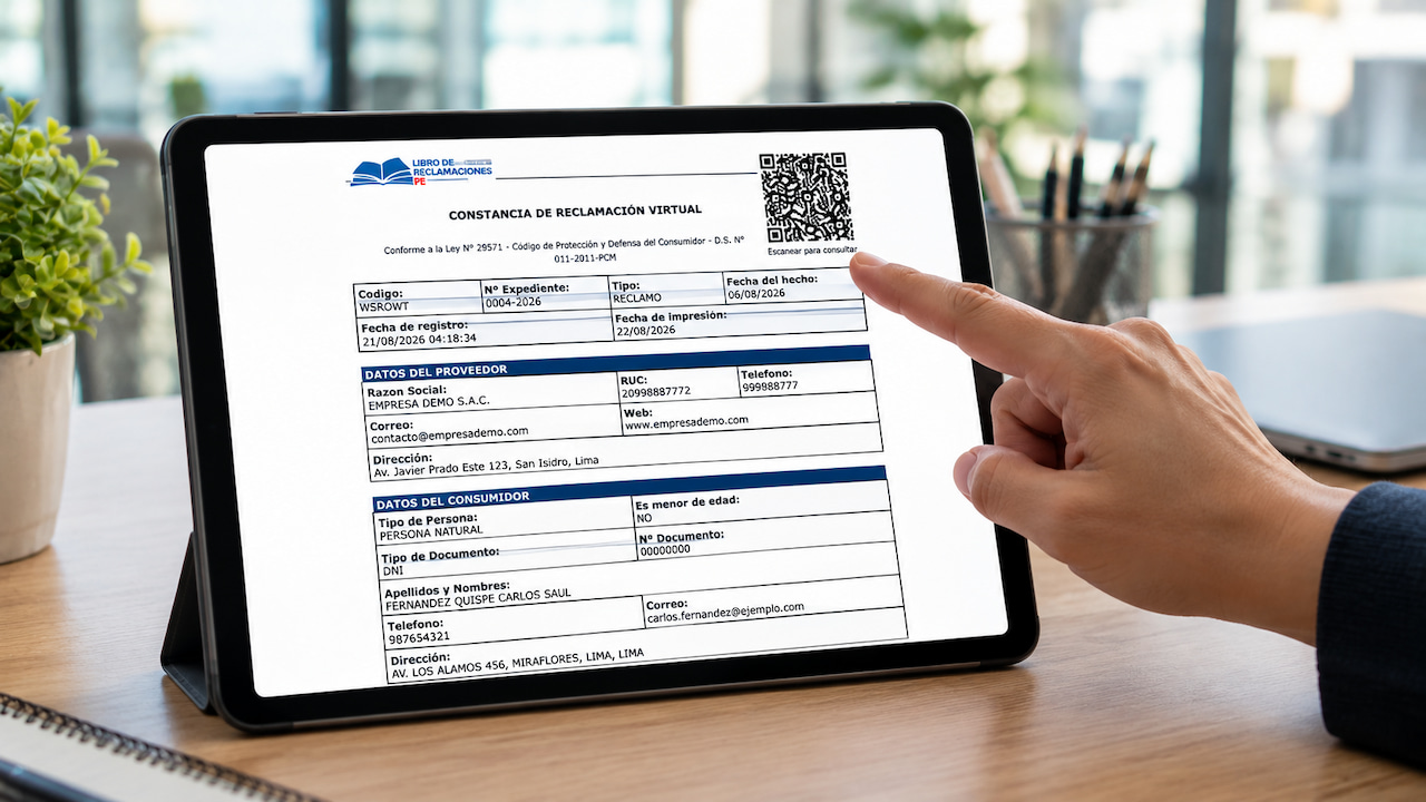 Constancia de reclamación con código QR verificable en el Libro de Reclamaciones virtual LRPE